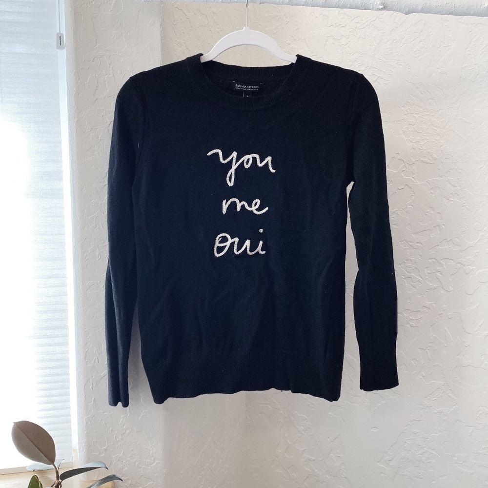 French Words Italian Merino Wool Blend Black Crew Neck Sweater